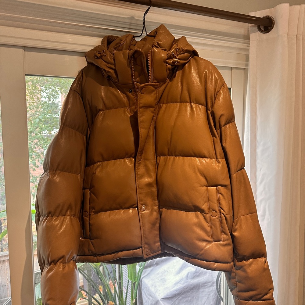 Aritzia Super Puff Brown Leather Puffer Jacket